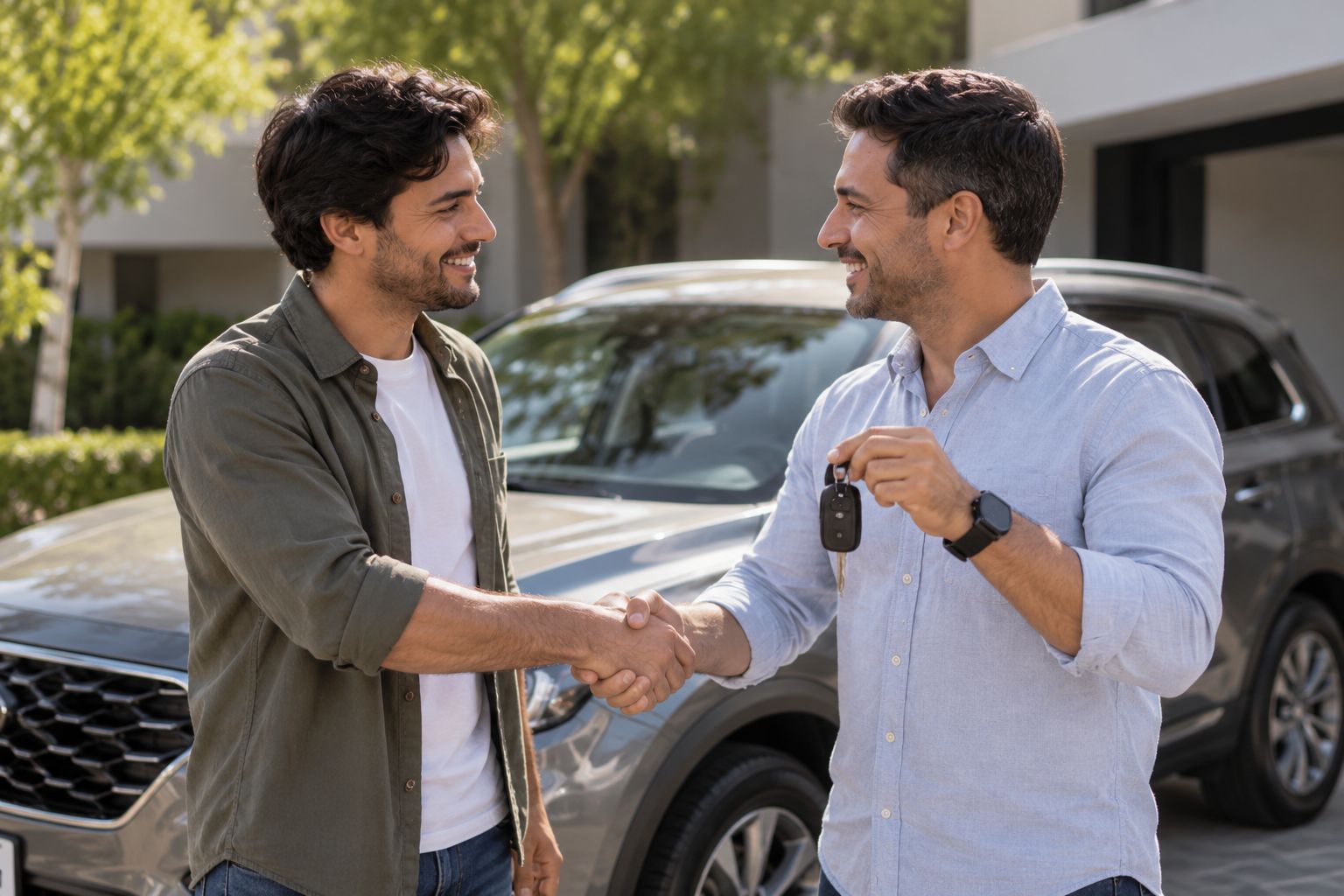 Comprador y vendedor se dan la mano al entregar las llaves de un auto