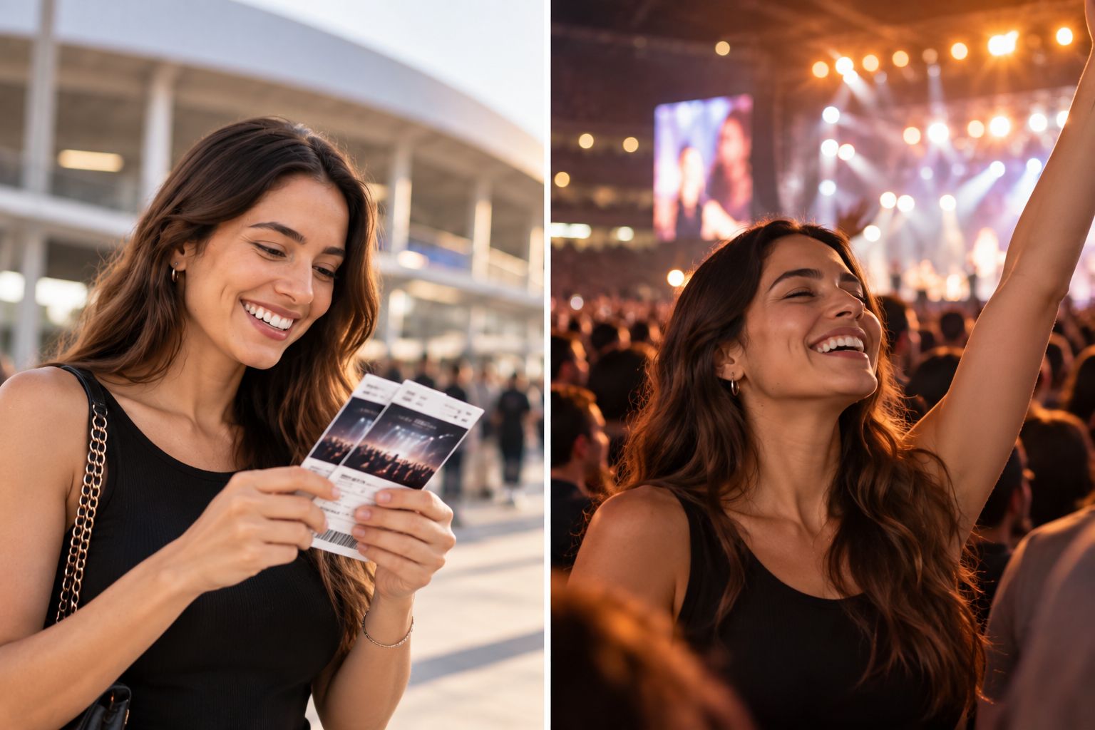 Mujer feliz con sus boletos afuera del estadio y después disfrutando el concierto